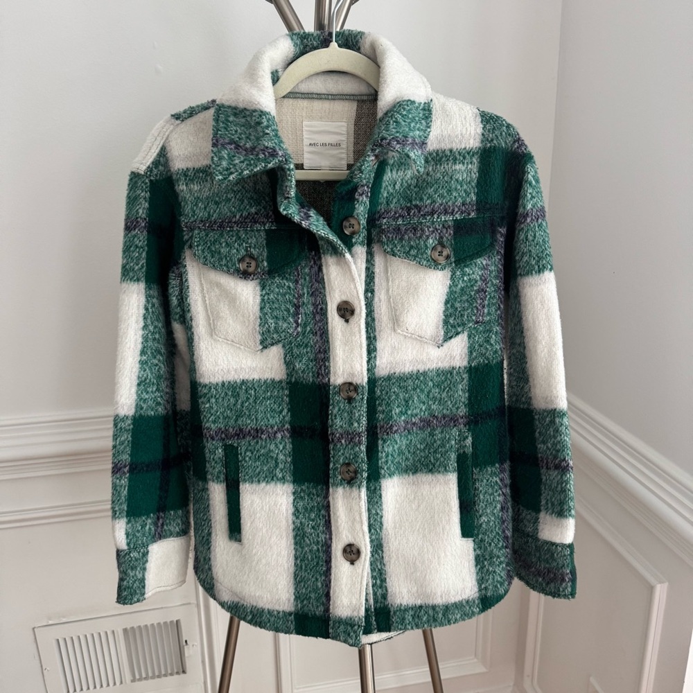 Avec Les Filles Anthropologie Green White Blue Plaid Thick Utility Jacket XS